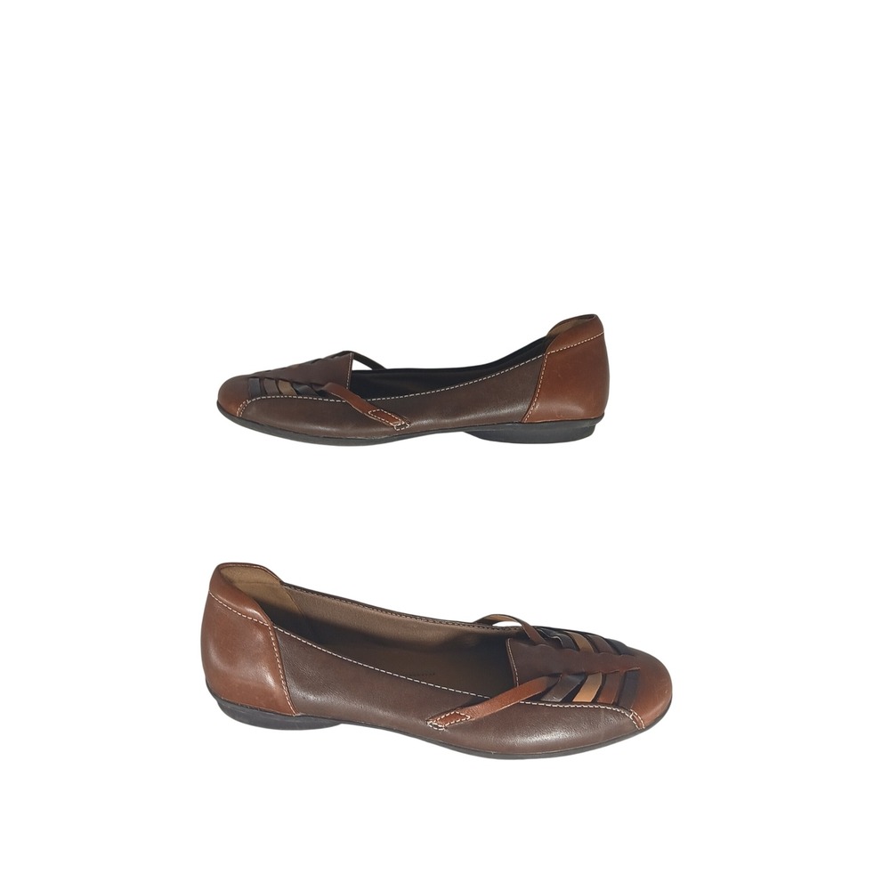 Clarks Collection Flats 8 Brown Leather Woven Cushion Soft Fisherman Loafers